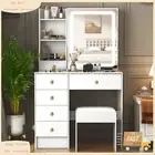 Dressing Table 3 Color LED Light Set with Sliding Mirror & 6 Drawers Stool Set