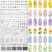 Whaline 6Pcs Spring Summer Floral Nail Plates Stamping Set Flower Leaves Stamp Templates Nail Art Plates for DIY Print Manicure Salon Design
