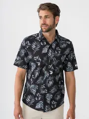 Cougars Short Sleeve Golf Shirt Black Grey Aqua Leaf Print