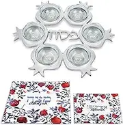 Stunning Pomegranate Passover Seder Set - Artistic Pomegranate Shape Seder Plate and 6 Glass Dishes, Multi-Color 3 Pocket Silk Matzo Cover, Matzah Afikoman Bag Pesach Seder Dinnerware By Zion Judaica