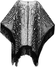 [Colaxi] 1920S Sequin Beaded Shawl Cape Scarf Fringed Elegant Bridal Shawl Glittering Cover up Wraps