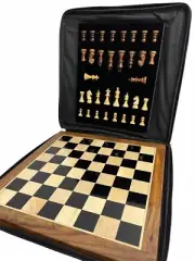 Large 13 Inches Magnetic Set Hand carved Wooden Board Games Leather Storage Bag