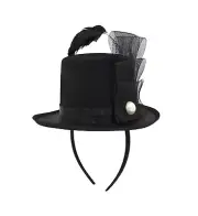 Black Mini Top Hat Fascinator On Headband Feather Pearl Stud Dancers Showgirl