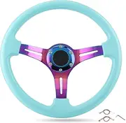 Steering Wheel, 6-Bolt Racing Wheel Replacement, 350mm Deep Dish Steering Wheel, Universal Racing Steering Wheel 6 Hole, Light Blue Drift Steering Wheel
