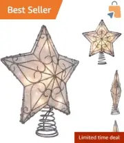 Elegant Metal Trimmed Capiz Star Treetop - 12" Pre-Lit Christmas Decoration
