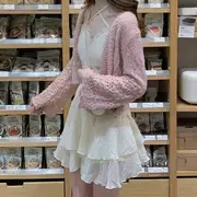 Plain Crochet Open Front Cardigan Cardigan - Pink - M