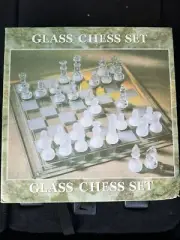 Glass Chess Set Clear and Frosted Glass Pieces and Glass Board New, Never Used