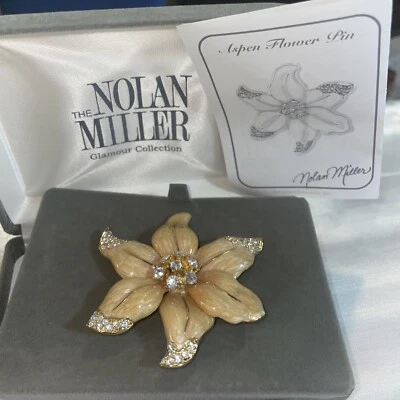 VTG NOLAN MILLER Peach ENAMEL & RHINESTONE “Aspen Flower” BROOCH SIGNED Gold