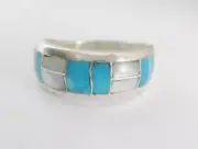 Size 7 Inlaid Turquoise and Mother Of Perl Ring Set In S.Silver Native Made R50