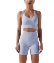 Workout Set Size medium Womens New Seamless Blue Sports Bra High Rise Shorts