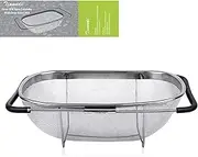 6-Quart Large Over The Sink Colander, Heavy Duty 18/8 Stainless Steel Fine Mesh Strainer Basket with Expandable Rubber Grip Handles - Strain, Drain, Rinse Fruits, Vegetables