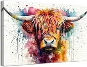 [AIYISU] Highland Cow Canvas Wall Art Watercolor Banksy Prints Pictures Graffiti Scottish Cow Wall Decor Colourful Farm Animal Pictures Painting Modern Artwork for Living Room Home Decorations 30x40cm