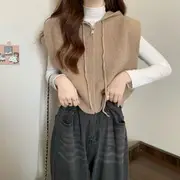 Plain Hood Zip Sweater Vest / Long-Sleeve Mock Neck Plain Top 2700 - Vest - Oatmeal - One Size
