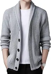 [Gsywaipei] Mens Cable Knit Cardigan Sweater Classic Collar Fit Knits Sweaters Button Casual Male Knitted Cardigans, Light Grey, XL