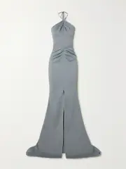 [Maticevski] Maticevski - Smokescreen Gathered Stretch-crepe Halterneck Gown - Gray - UK 8 UK 8 Gray