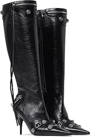 [VOMIRA] Knee High Boots Sexy Pointed Toe Rivets Tassels Stilettos High Heels Fashion Party Dressy Stripper Heels for Women
