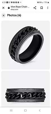 Men Rope Chain Cable Black Spinner Band Ring Stainless Steel size 10