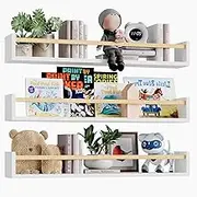 Fixwal Nursery Book Shelves, 23.6 Inch Floating Bookshelves for Wall Set of 3, Baby Nursery Decor, Solid Wood Wall Mounted Shelves for Books, Toys and Decor Storage (White and Natural Wood)