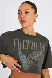 Grey Graphic Tee Short Sleeve Crop Round Neck - Size XXS, Women's Graphic Tee