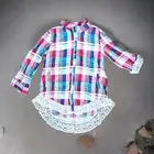 UMGEE NWT Button Down Loose Flowy Lace Hem Top Plaid Red Green Blue White Sz S
