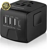 Universal Travel Power Adapter, 2.4A USB-A,3.0A Type-C,European,UK, US, AU, Asia