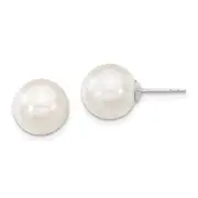 Sterling Silver Majestic Rhodium-Plated 10-11mm White Imitation Shell Pearl Stud Earrings