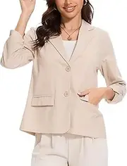 [YOUNIFIZ] Women's Linen Blazer Jackets 3/4 Ruched Sleeves Lightweight Button Lapel 2025 Casual Slim Spring Summer Suit