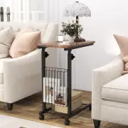 CostwayC Shaped Side Table Height Adjustable with Detachable and Lockable Wheels-Brown