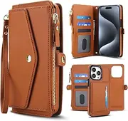 Nexue Case for iPhone 14 Pro Max,Shoulder Strap Hand Strap,PU Leather Magnetic Snap Zipper Wallet Soft TPU Card Holder Case with RFID Blocking,Brown