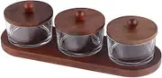 KVMORZE 6.4oz Chip and Dip Serving Set with Bamboo Tray, Snack Candy Fruit Nut Serving Platter, Glass Dipping Serving Bowls with Lids for Condiments, Side Dishes, Pre, Dessert, Salsa (3 Slots)