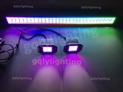 12-52" Chasing RGB Halo Led Light Bar + 2x 5" Flush mount Cube Pods Reverse Lamp