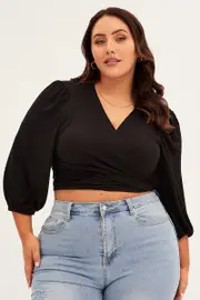 Black Crop Top Puff Sleeve Front Tie