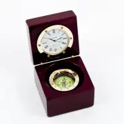 NAVIGATOR CLOCK AND COMPASS IN HINGED WOODEN BOX