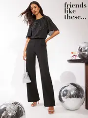 Friends Like These Black Sparkly Chiffon Short Flutter Sleeve Jumpsuit (B71304) | $104