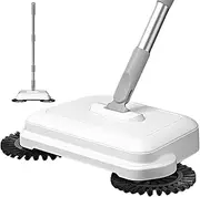 [Hemore] 2-in-1 360° Rotating Hand Push Sweeper, White, Plastic and Metal, 2-in-1 Sweeping and Mopping, 360° Rotating Brush, Sealed Dust Bin, Manual Vacuum Cleaner, Sweeper