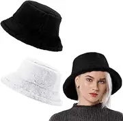 Cozypower 2 Pcs XXL Faux Fur Winter Bucket Hat Fluffy Fuzzy Warm Hat Fur Hat Women Men Furry Fisherman Cap