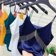 Satin Vest Tank Crop Top Silky Camisole Tassel Chain Fringe Sleeveless Sexy Lady