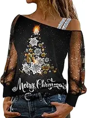 [Generic] Womens Soft Pullover Women's Casual Loose Sleeve Sequin Blouse Print Mesh T Shirt Splice Long Women Tops Long Sleeve T Shirt Pullover Sweater Men
