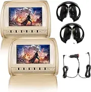 Elinz 2X 9 Headrest DVD Player Car Monitor Pillow Games 1080P USB/SD Output Zipper Cover Speakers FM Transmitter IR Receiver Secondhand Signal Adjustable Poles (Beige)