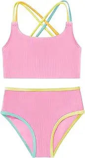 [Bkixhv] Girl's 2 Piece Bikini Set Toddler Color Block Criss Cross Bathing Suits High Waist Swimwear Cute Swimsuit for 18M-6Y, Pink, 3-4 Years