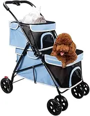 2 Layer Pet Dog Pram Cat Stroller for 2 Cats, Double Layer Pet Dog Strollers for Small Dogs, Dog Prams Pushchairs for Puppy Cats Cart Share Travel Strollers Carriage(Blue)