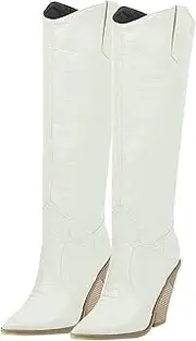 [Bellirala] Womens Stacked Chunky Heel Cowgirl Knee High Pointed Toe Cowboy Boots Choose half-size larger