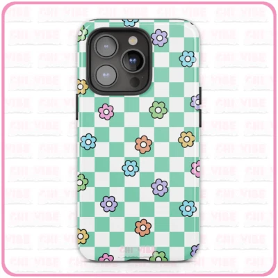 Checkered Flowers (Green) iPhone Case Tough Pro 13 Max 16 15 14 MagSafe
