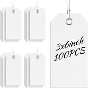SKLENICE 100 Pieces 3x6 inch 10mil Large White Plastic Shipping Tags with String Heavy Duty Waterproof Hang Tags with String Attached Writable Wire Tags Labels for Luggage Garage Inventory Car Parts