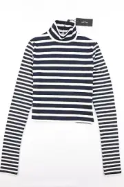 Rag & Bone Women's Cropped White Navy Knit Stripe Long Sleeve Top Turtle Neck XS