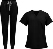 Perfeclan Uniforms Scrub Set Short Sleeve Nurse Top and Pants V Neck Womens Work Suits Workwear for Healthcare Cosmetology Pet Shop, Black, S