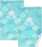 Teal Fish Scale Fake Shimmering Microfiber face Towels Decorative Bath Towels washcloth face Cute Hand Towels for Bathroom face wash Towel Kitchen Towels Organic Cotton Set of 2，Size 28"x16"