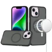 For iPhone 13/14 Case Magnetic Circle Soft Touch Metal Buttons + Tempered Glass