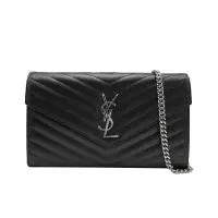 在飛比找Yahoo奇摩購物中心優惠-YSL Monogram V字縫線牛皮銀logo斜肩/手拿包