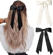 2PCS Silky Satin Hair Bows Hair Clip Beige Black Hair Ribbon Ponytail Holder Accessories Slides Metal Clips Hair Bow for Women Girls Toddlers Teens Kids (Beige & Black)